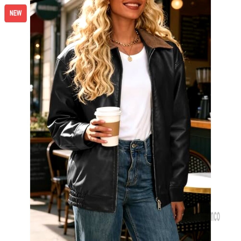 Oversized Bomber Leather Jacket Motorcycle Zip Up Trendy Chic Y2K - Picture 5 of 7